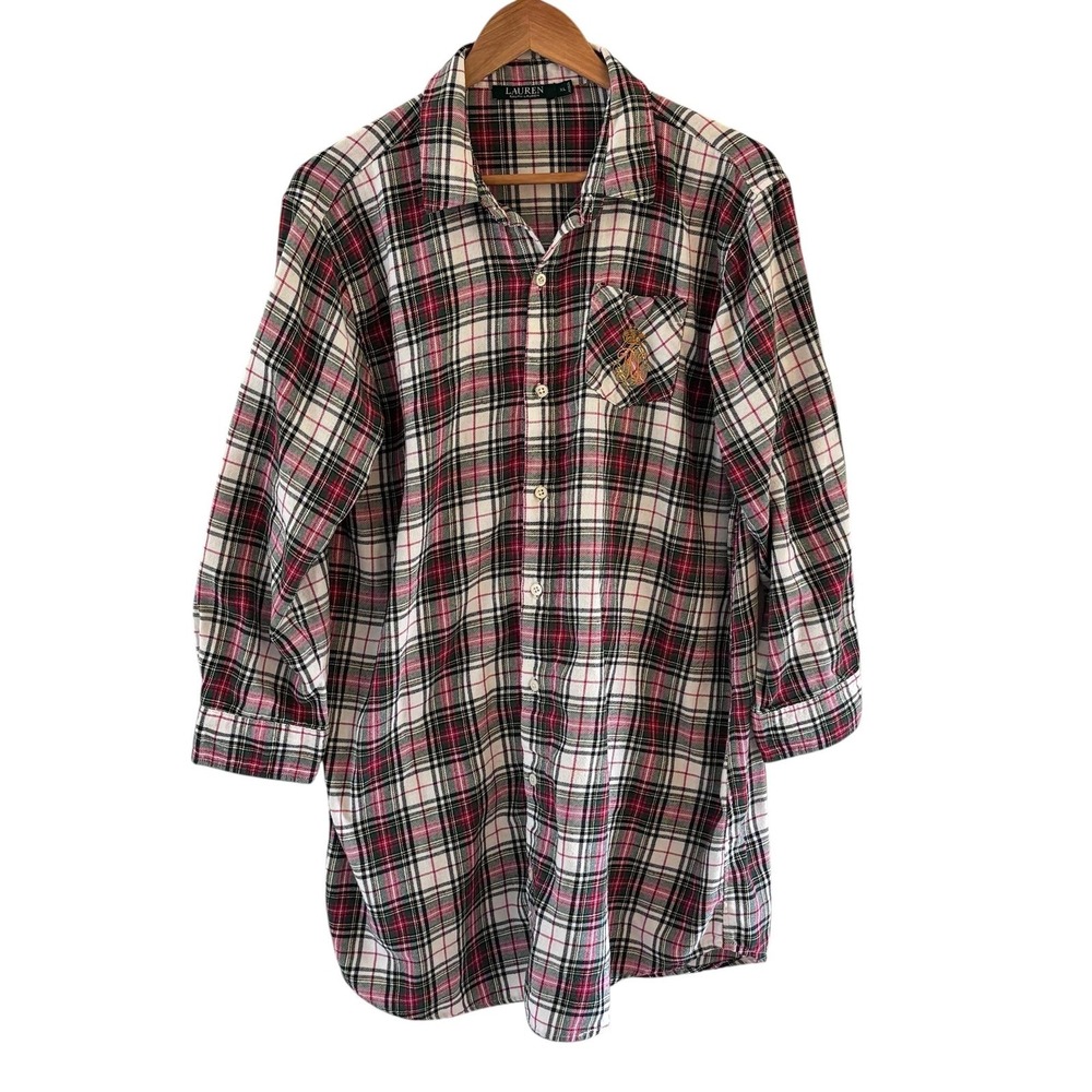 Lauren Ralph Lauren Plaid Flannel Sleep Shirt Womens XL Gold Crest Logo Preppy